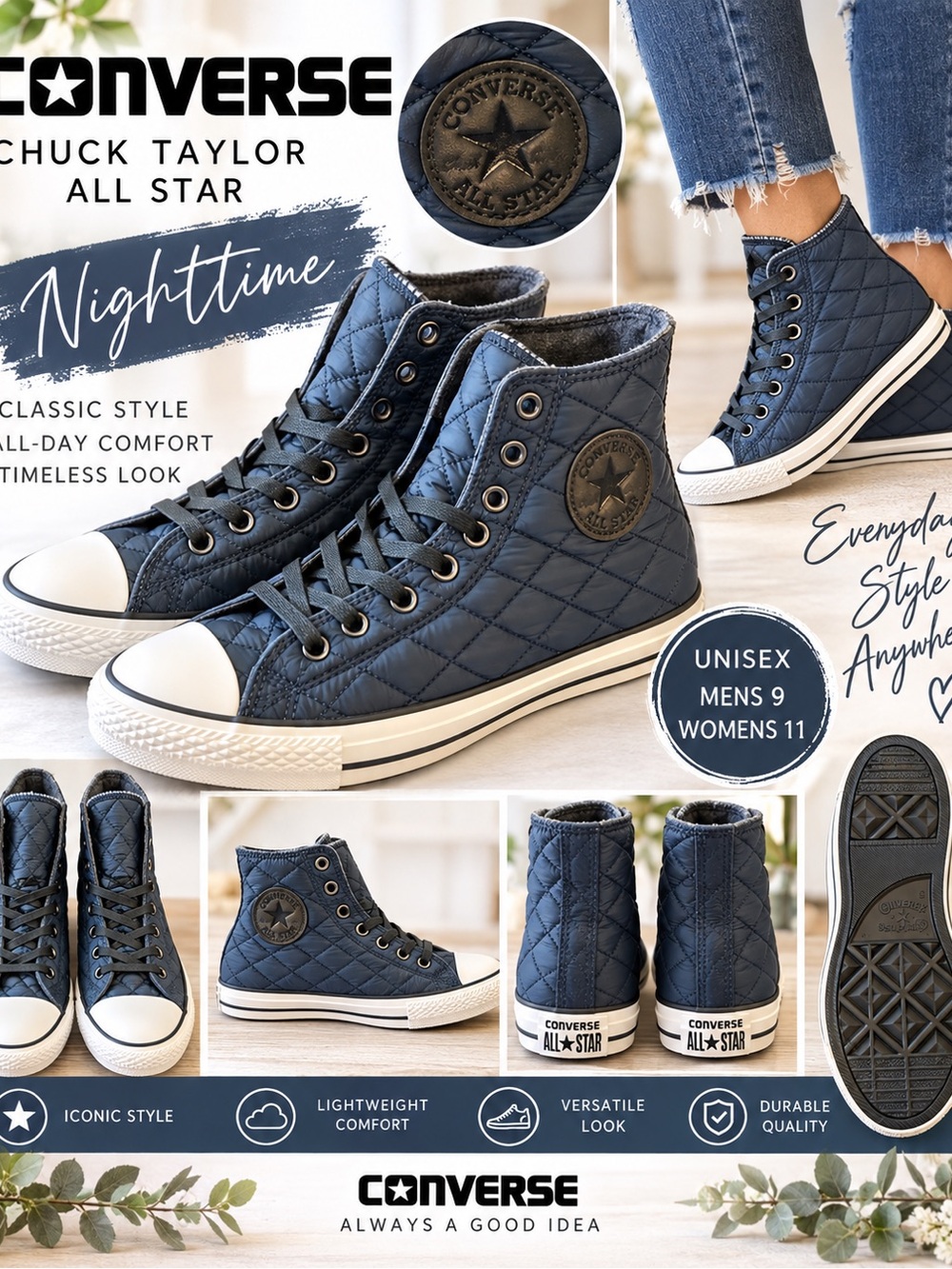 Converse Quilted High Top Sneakers - Denim Blue Mens 9 - Women’s 11. New in Box